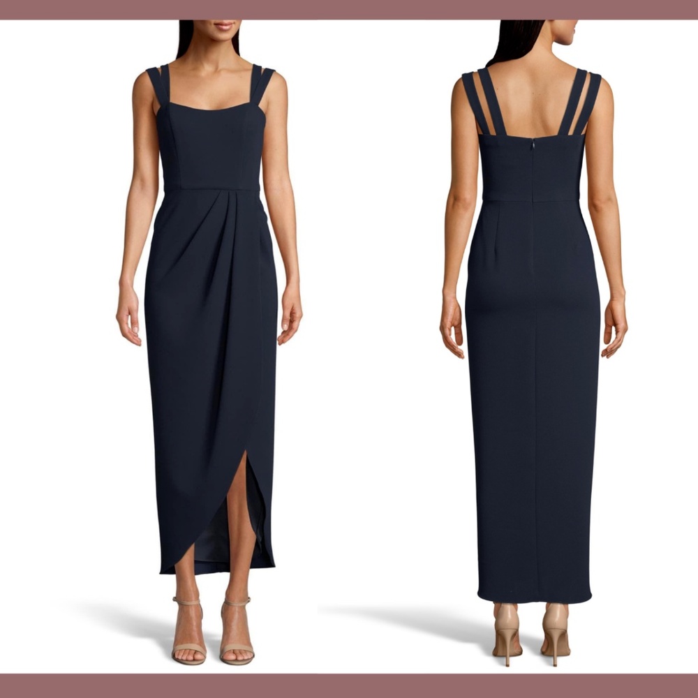 NWT $189 XSCAPE [SZ 2 ] Side Ruched Double Strap Crepe Gown‎ In Navy Blue